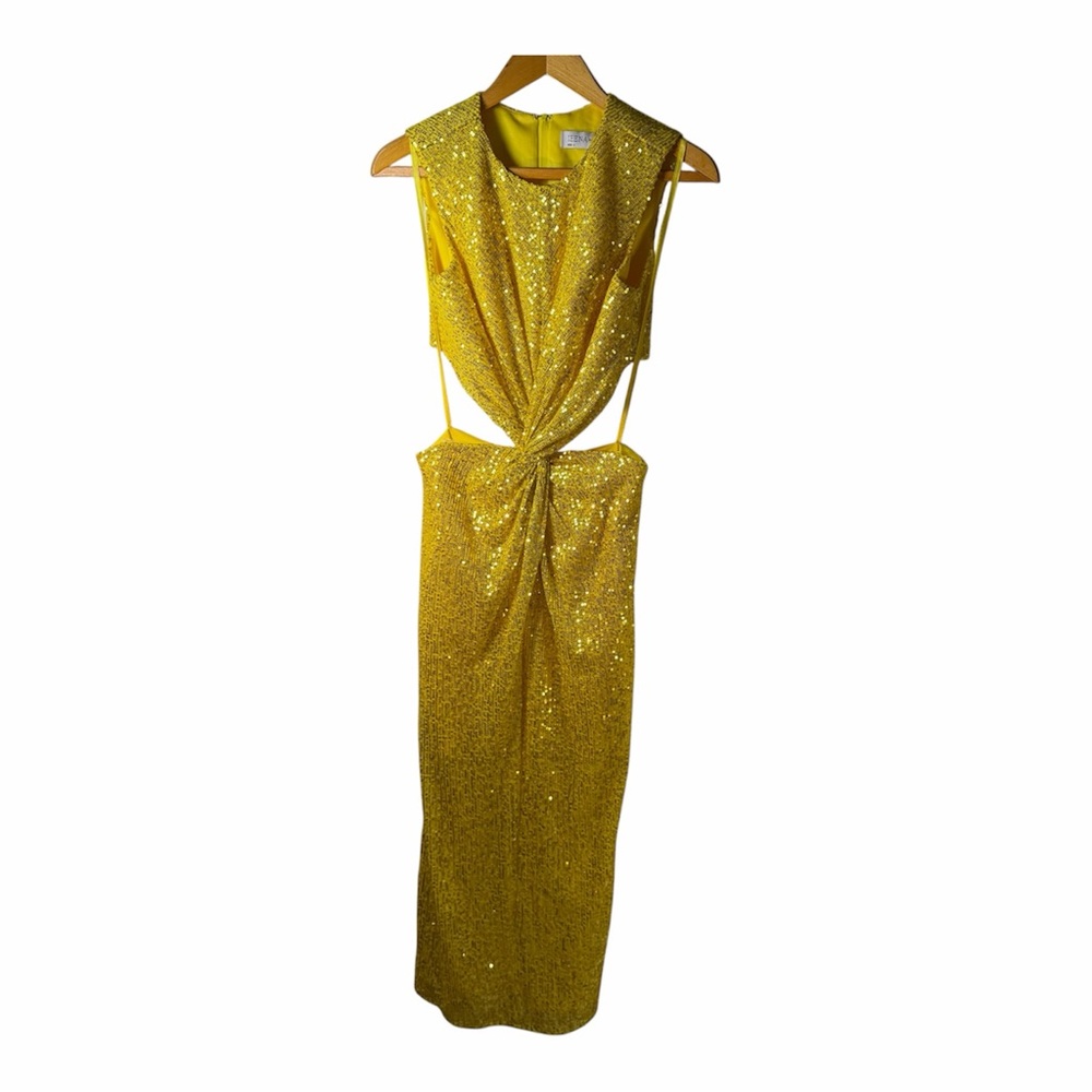 Mac Duggal Yellow Gold Sequin Cutout Twist Sheath Dress 4 Graduation Wedding - Picture 13 of 14